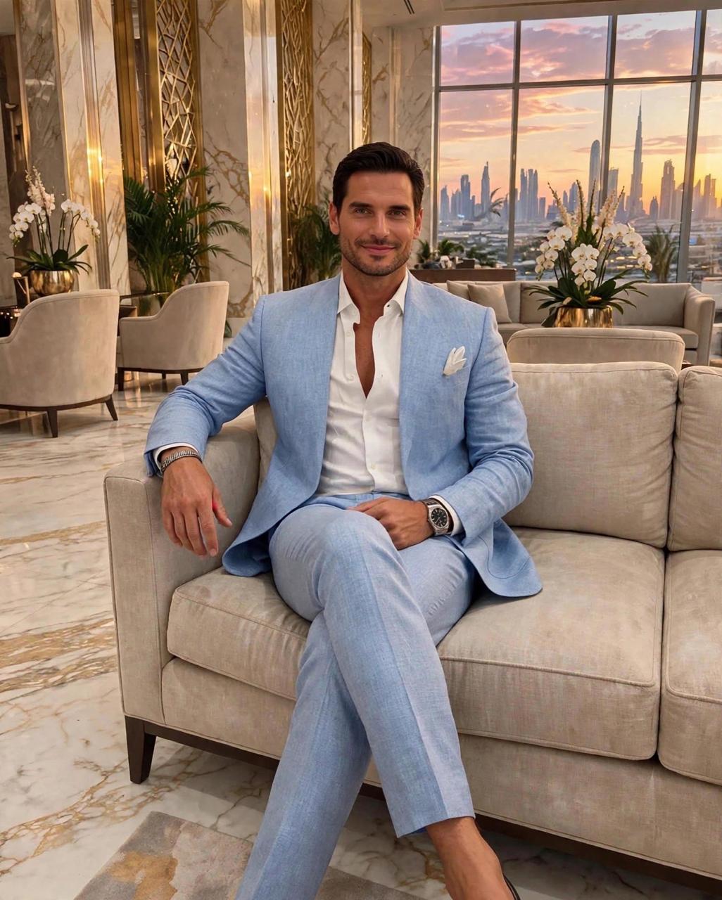 NOOR - Sky Blue Linen Suit | 2-Piece Open Blazer Set Dubai Collection