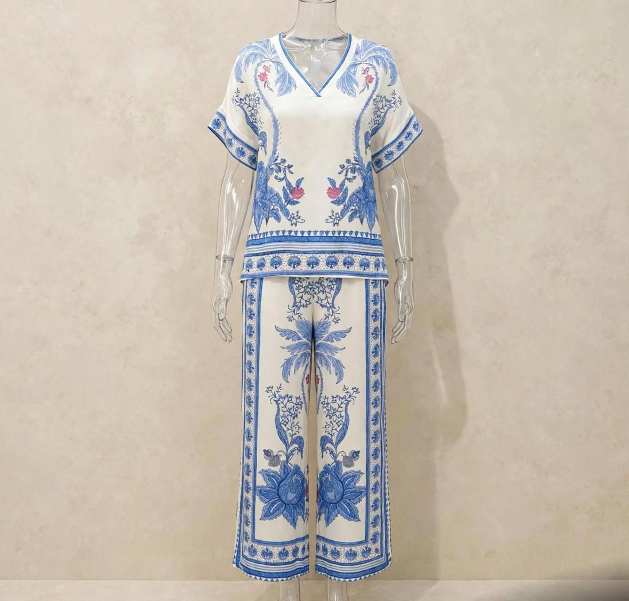White & Blue Palm - Satin Palazzo Set Dubai Edition