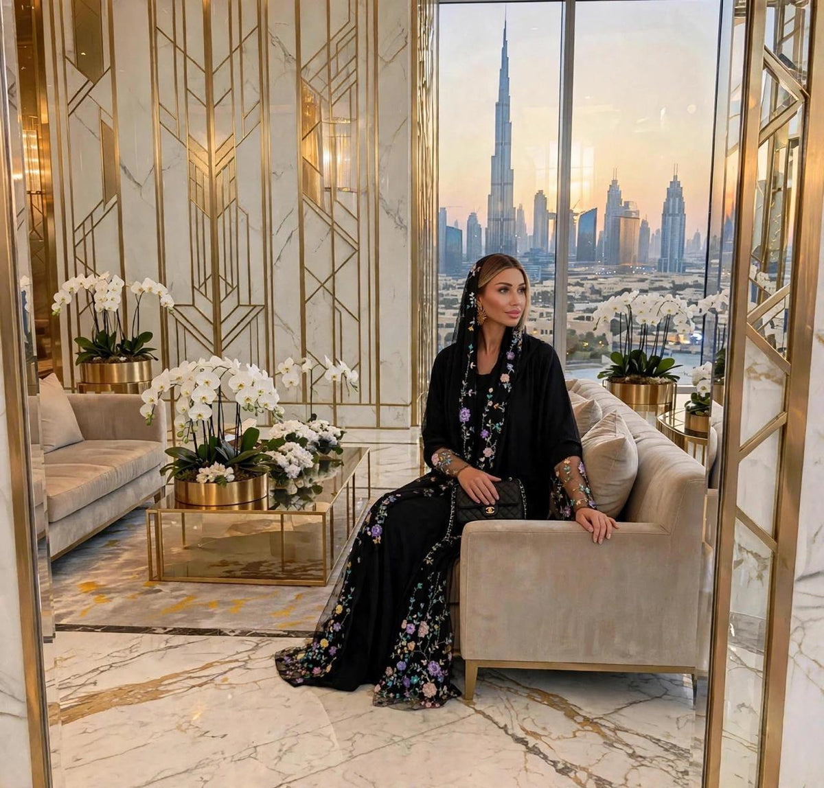 NOOR Black Floral Abaya | Lightweight Embroidered Open Abaya with Sheila | Dubai Luxury - 2 Piece Set