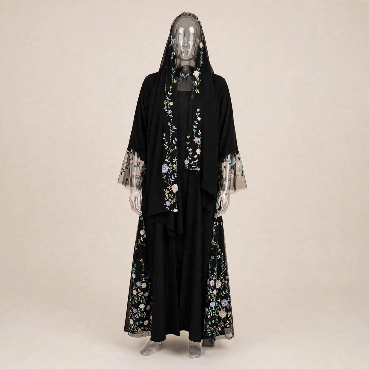 NOOR Black Floral Abaya | Lightweight Embroidered Open Abaya with Sheila | Dubai Luxury - 2 Piece Set