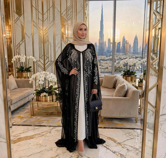 NOOR Black Pearl Abaya | Elegant Open kimono Dubai