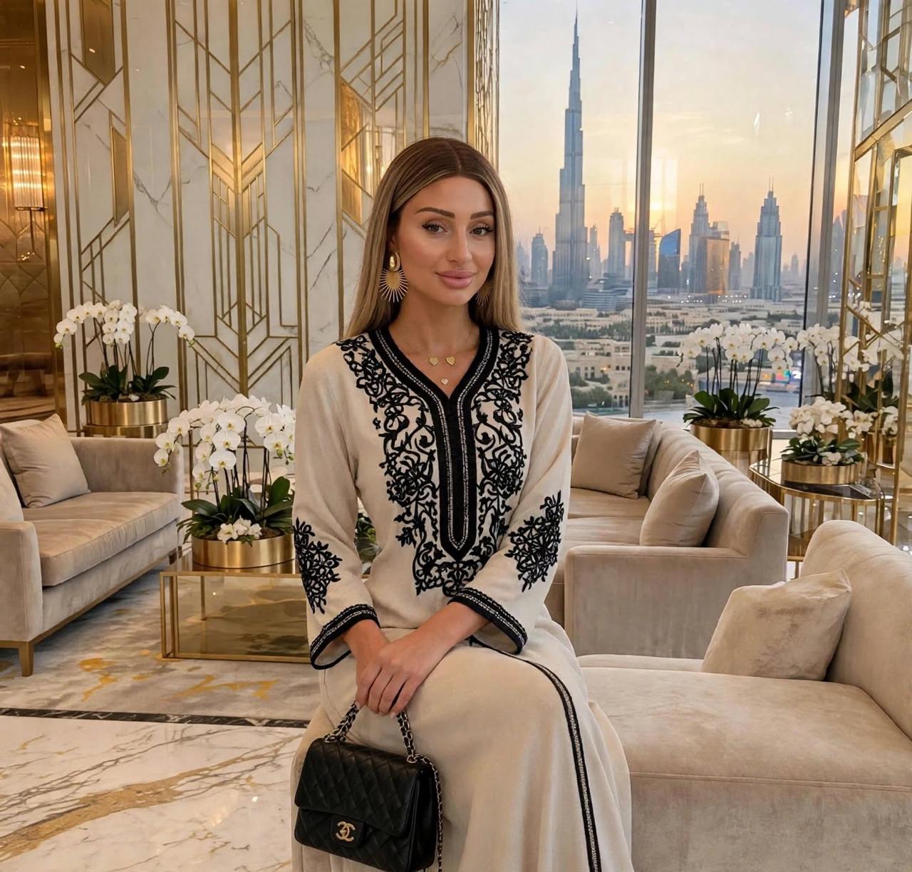 NOOR Beige Black Kaftan Abaya | Dubai Luxury