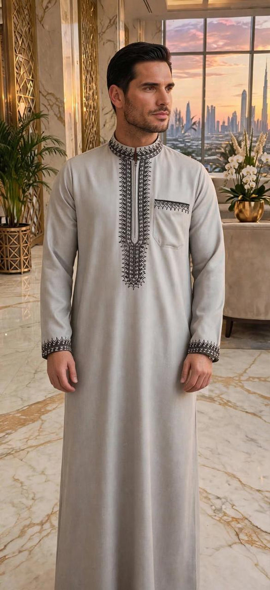 Noor Premium Embroidered Thobe | Mens Jubba Dubai - Light Grey