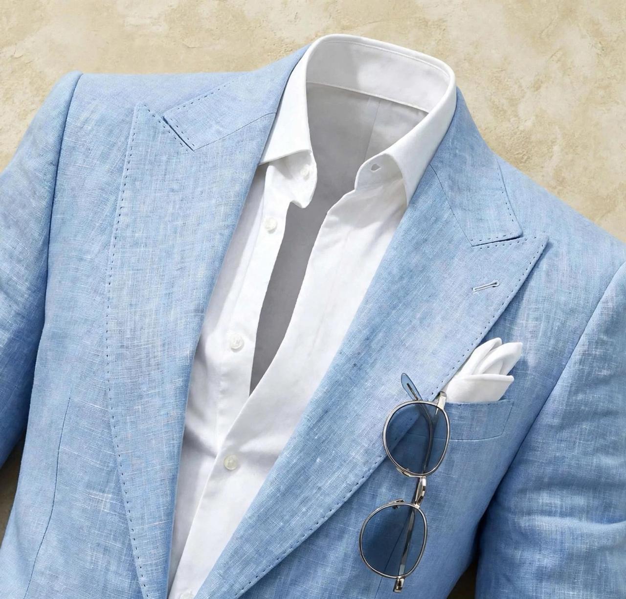 NOOR - Sky Blue Linen Suit | 2-Piece Open Blazer Set Dubai Collection