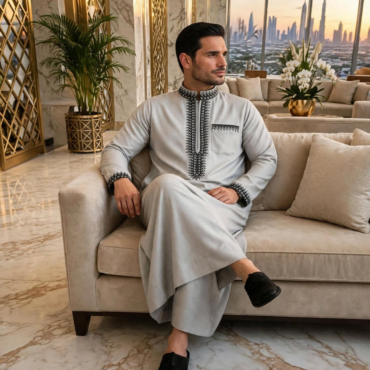 NOOR Premium Embroidered Thobe | Mens Jubba Dubai - Light Grey