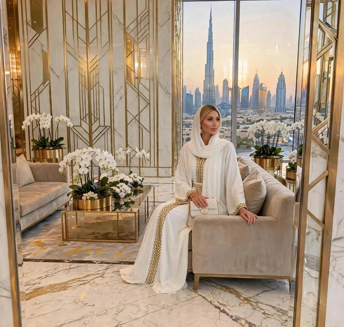 NOOR White Gold Embroidered Kaftan Abaya | Dubai Luxury
