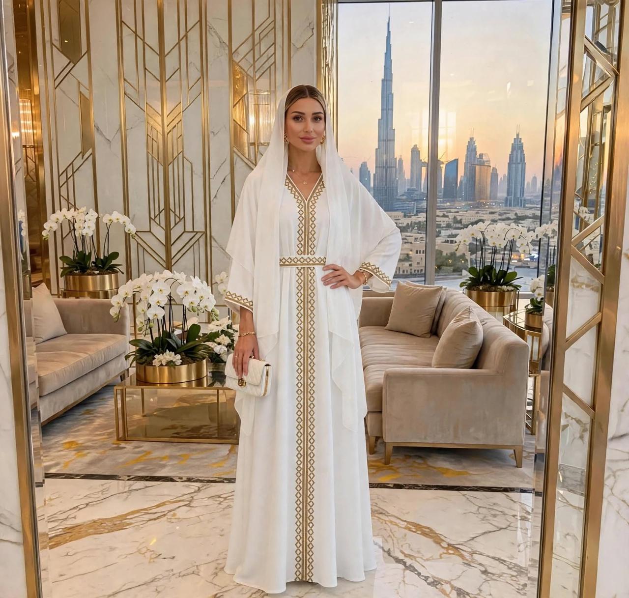 NOOR White Gold Embroidered Kaftan Abaya | Dubai Luxury