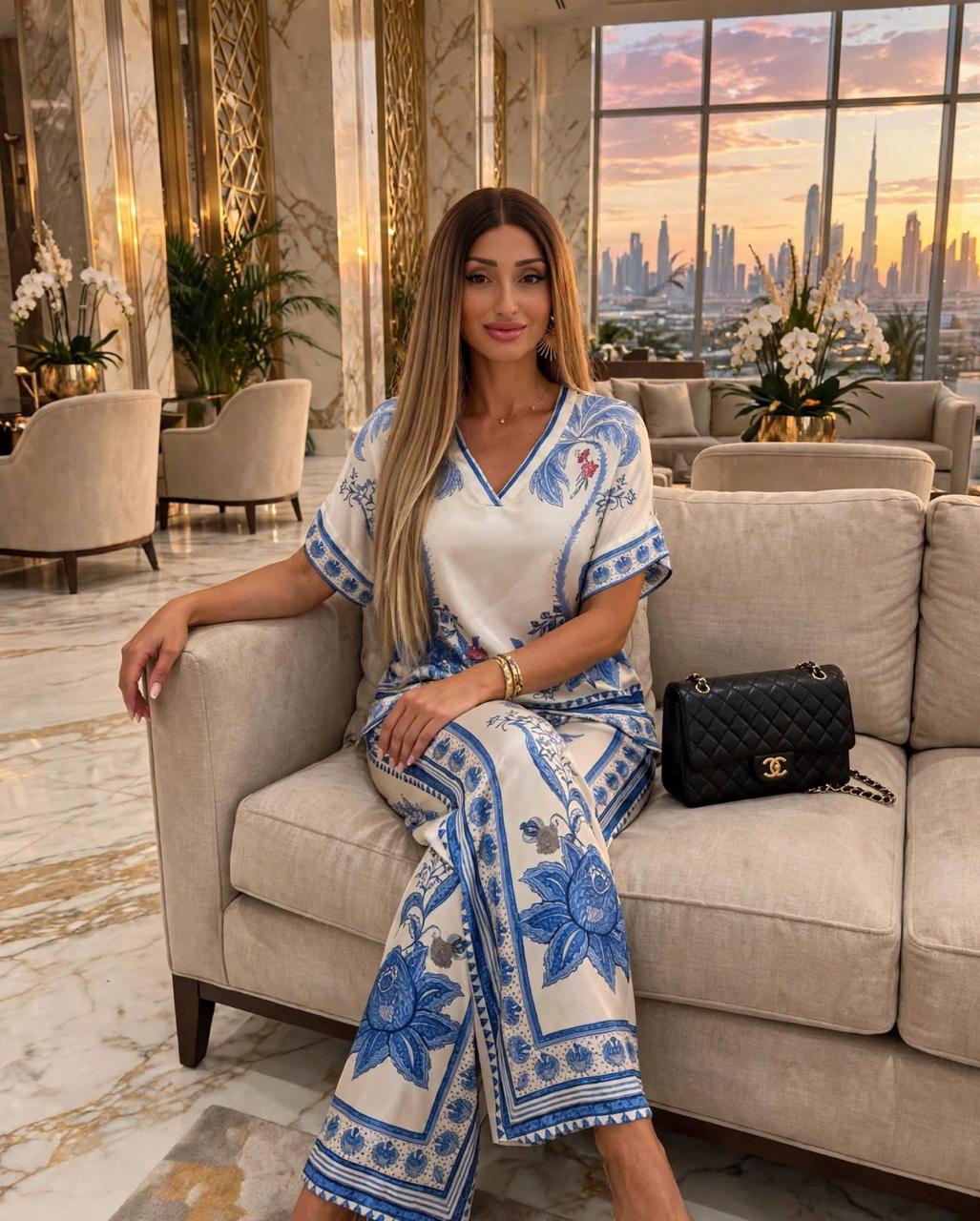 White & Blue Palm - Satin Palazzo Set Dubai Edition