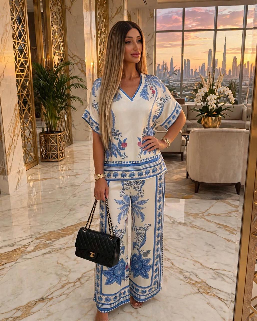 White & Blue Palm - Satin Palazzo Set Dubai Edition