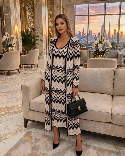 Noor Elegant Slim Fit | Women's 2-Piece Dress Set - High-Quality Elastic Knitted Striped Long Sleeve V-Neck Cardigan Long Jacket