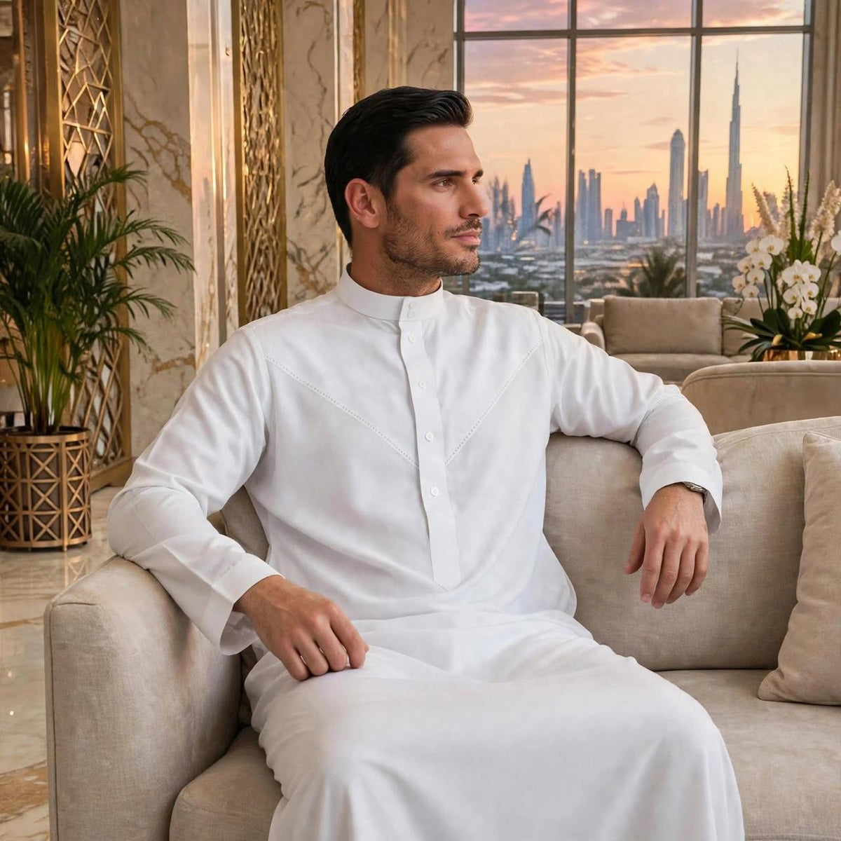 NOOR White Thobe - Embroidered Emirati Kandura | Long Sleeve Arabian Dishdasha