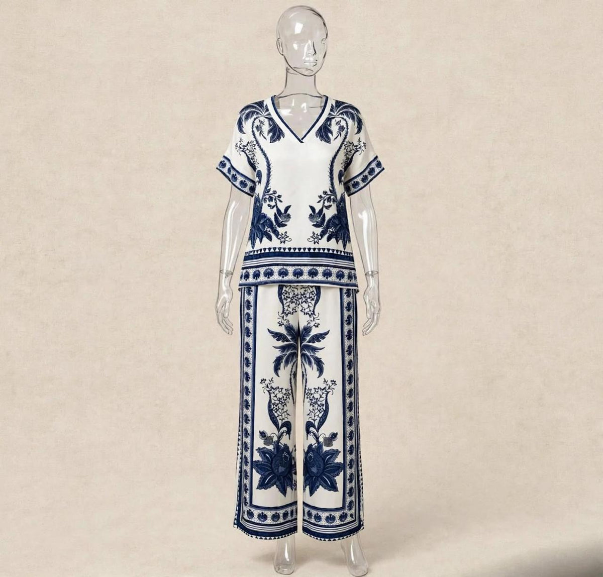 White & Blue Palm - Satin Palazzo Set Dubai Edition