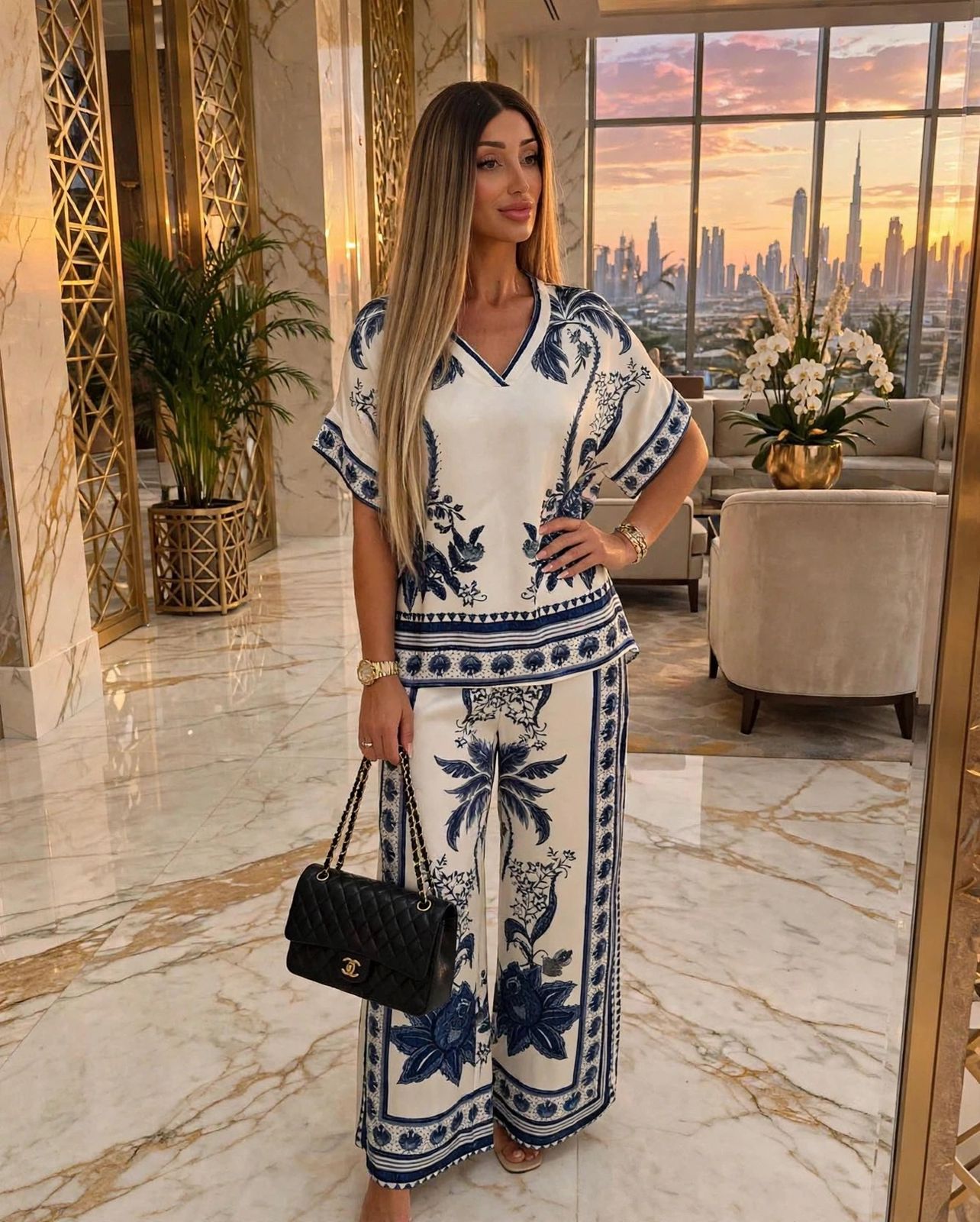 White & Blue Palm - Satin Palazzo Set Dubai Edition