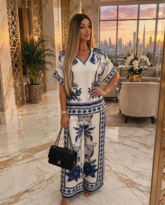 White & Blue Palm - Satin Palazzo Set Dubai Edition