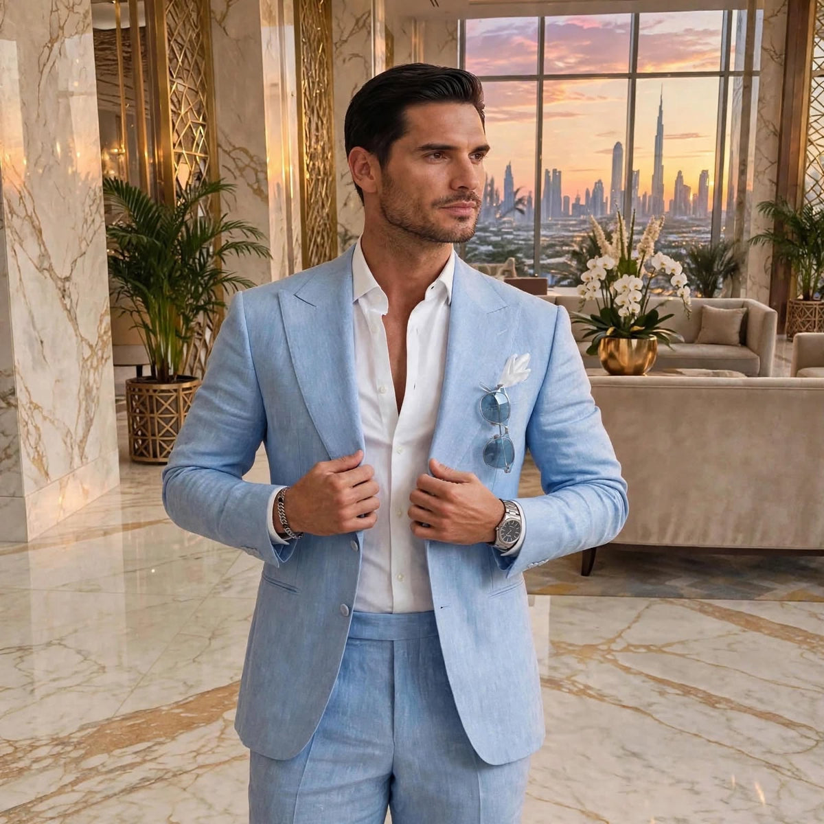 NOOR - Sky Blue Linen Suit | 2-Piece Open Blazer Set Dubai Collection