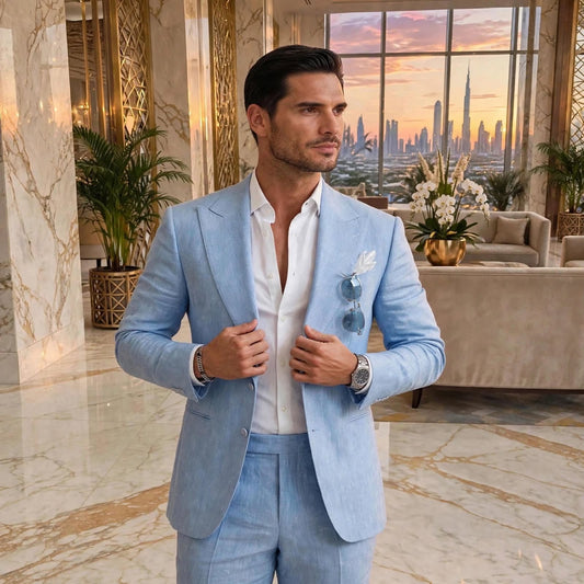 NOOR - Sky Blue Linen Suit | 2-Piece Open Blazer Set Dubai Collection