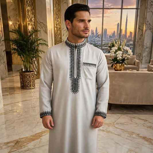 NOOR Premium Embroidered Thobe | Mens Jubba Dubai - Light Grey