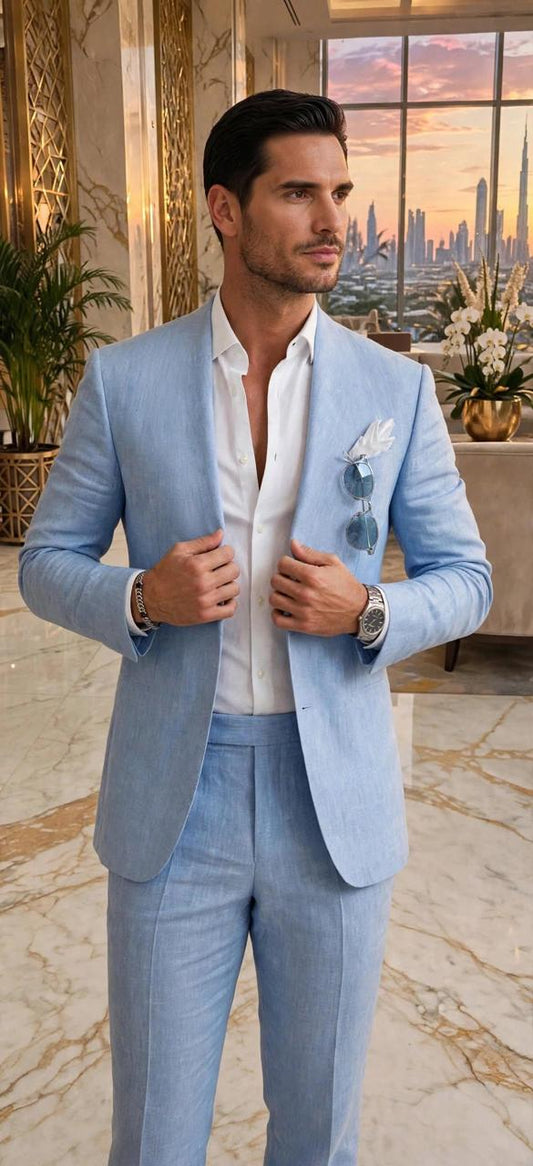 NOOR - Sky Blue Linen Suit | 2-Piece Open Blazer Set Dubai Collection