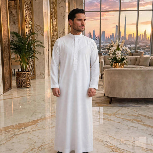 NOOR White Thobe - Embroidered Emirati Kandura | Long Sleeve Arabian Dishdasha