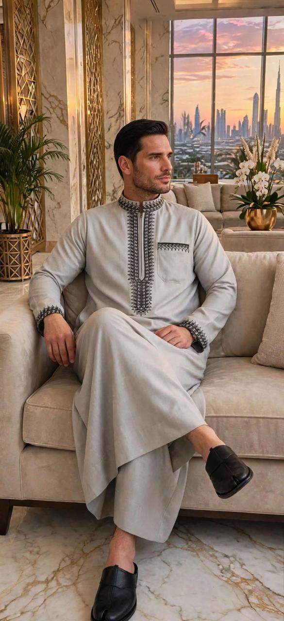 Noor Premium Embroidered Thobe | Mens Jubba Dubai - Light Grey