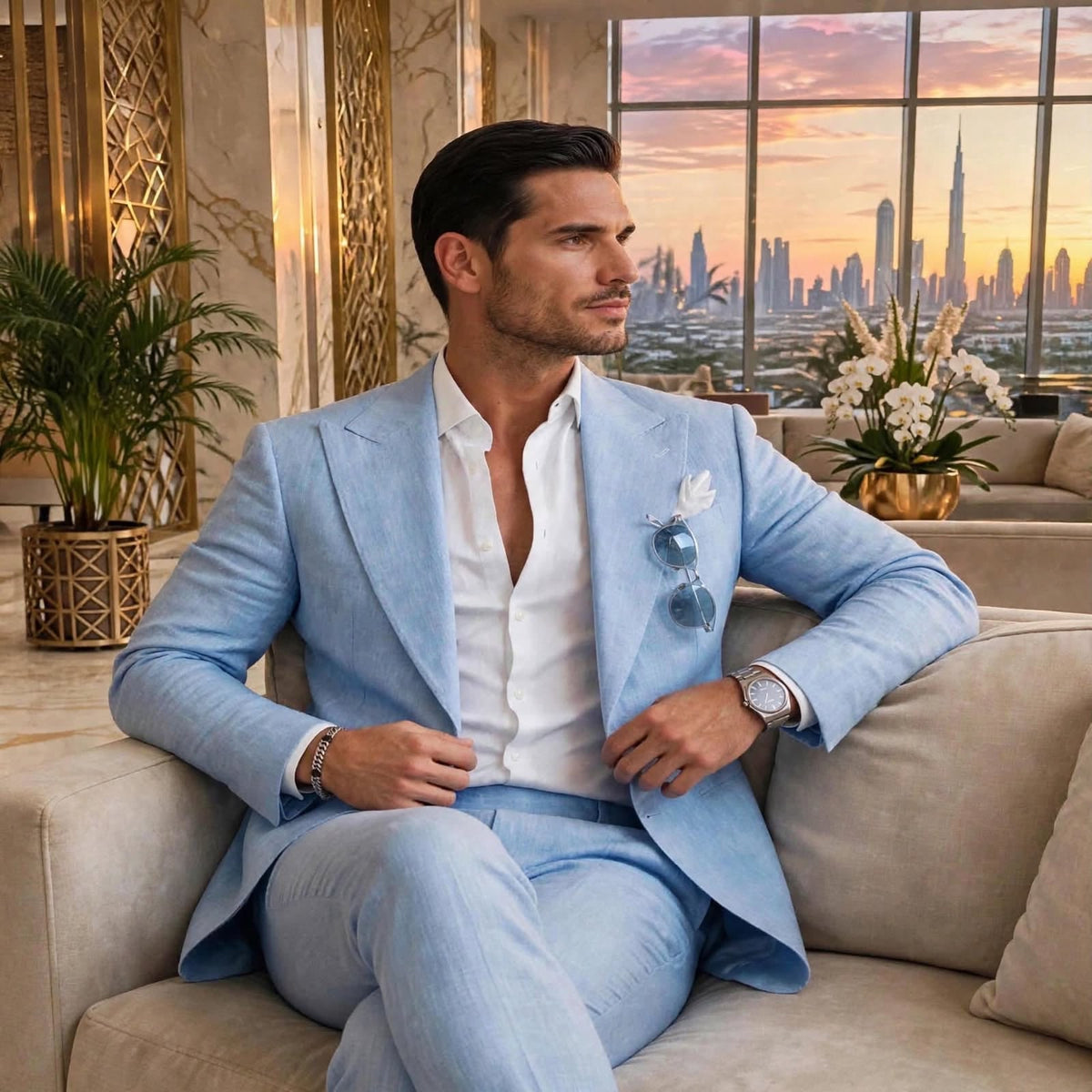 NOOR - Sky Blue Linen Suit | 2-Piece Open Blazer Set Dubai Collection