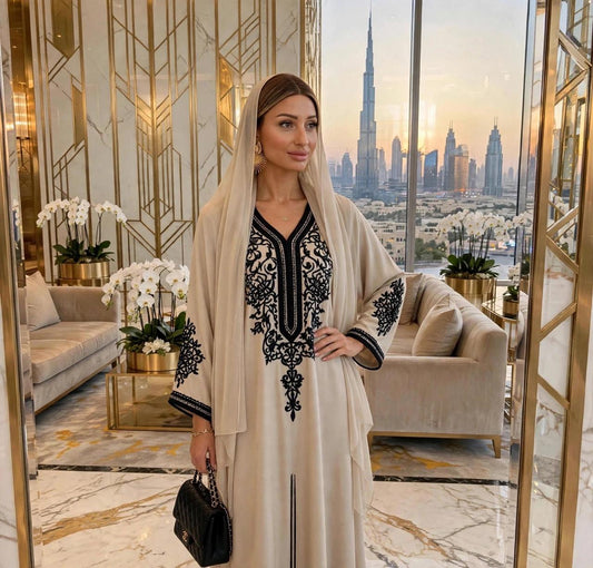 NOOR Beige Black Kaftan Abaya | Dubai Luxury