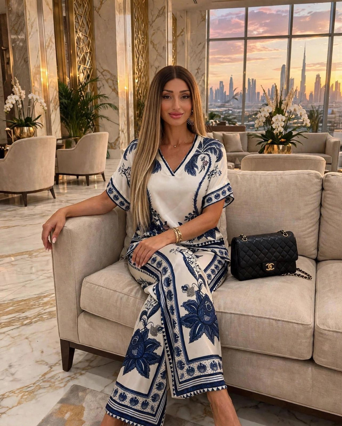 White & Blue Palm - Satin Palazzo Set Dubai Edition
